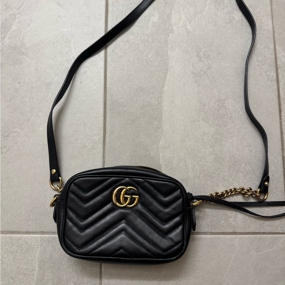 Gucci Calfskin Matelasse Mini GG Marmont Chain Shoulder Bag Black